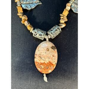 Beautiful Beaded Stone Earthy Necklace w Jasper? Oval and Silver Leaves